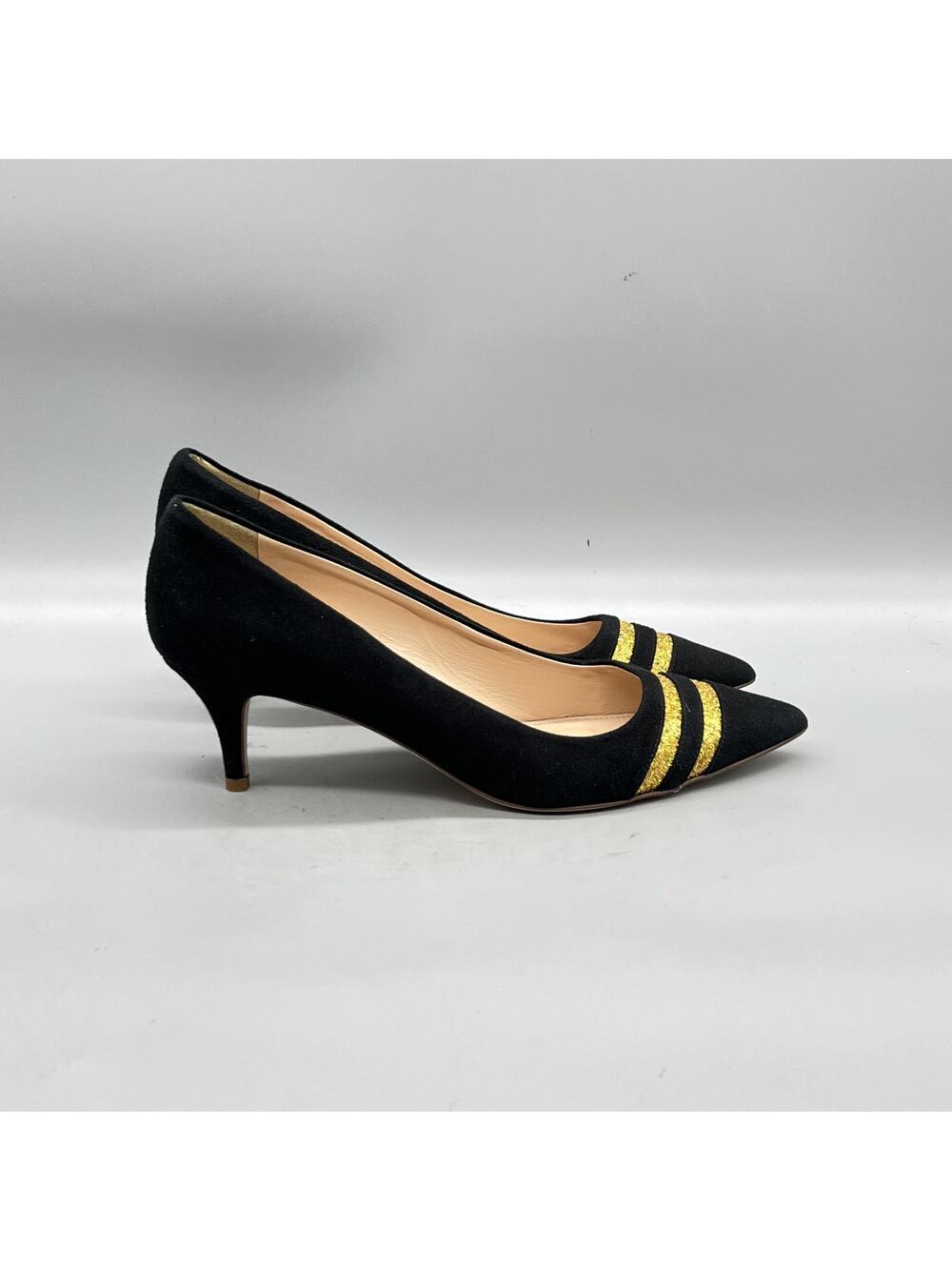 J Crew Shoes Womens 8 Black Suede Glitter Stripe Kitten Heel Made Italy Pumps